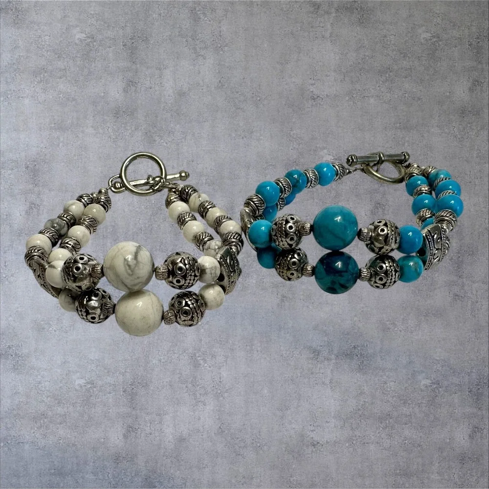 Artisan Beaded Bracelet Lot 2 Turquoise White Howlite Style Toggle‎ Set